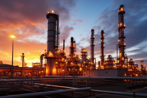工業地帯からの石油精製プラント 石油・ガス産業の航空写真 日没時の製油所工場の石油貯蔵タンクとパイプライン鋼 パイプからの煙