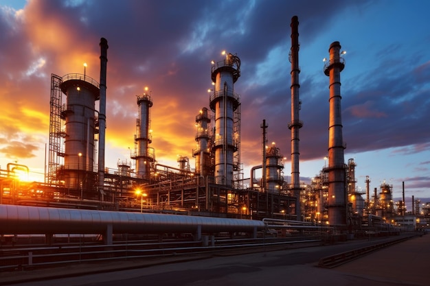 Oil refinery plant from industry zone Aerial view oil and gas industrial Refinery factory oil storage tank and pipeline steel at sunset Smoke from the pipes