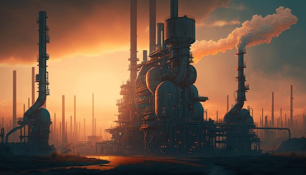 Нефтеперерабатывающий завод на закате Генеративный AI иллюстрация нефтегазовой промышленности