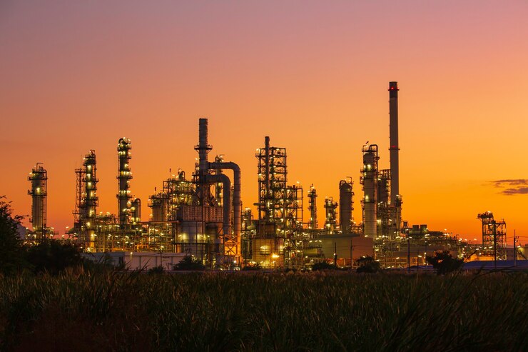 Photo oil refinery and  plant and tower column of petrochemistry industry in oil and gas industrial with cloud blue sky the sunrise background