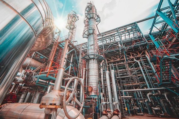 Foto raffinerie di petrolio e impianti e colonne di torre dell'industria petrolchimica