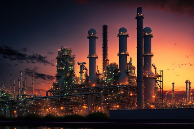 Oil refinery plant with Oil and gas chemical tank at twilight