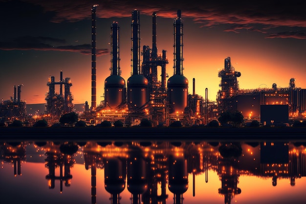 Photo oil refinery plant with oil and gas chemical tank at twilight