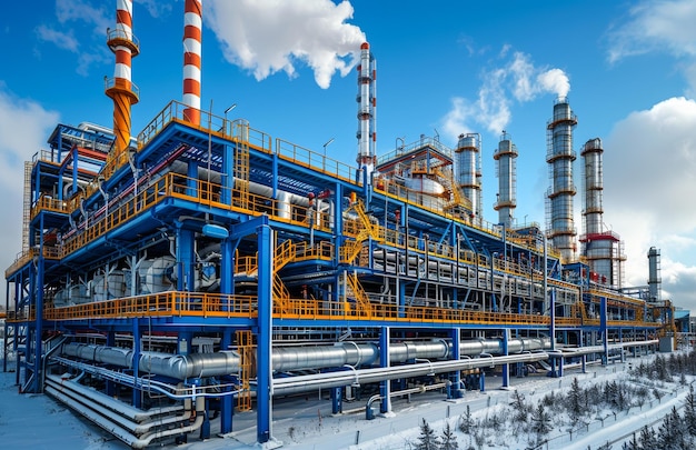 Oil refinery in the winter An industrial oil production plant with large pipes and structures