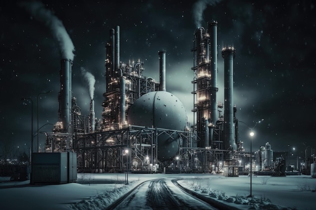 Oil refinery with pipelines for transportation and storage at night in winter refinery complex creat