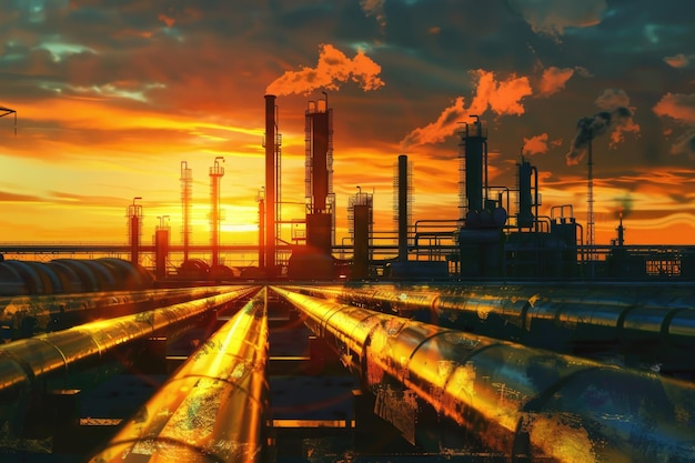 Photo an oil refinery with pipes in the foreground suitable for industrial and manufacturing concepts
