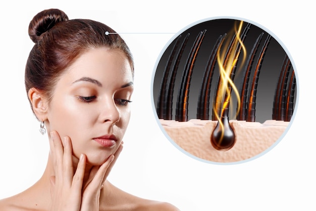 Oil for restoring hair health Human Hair and a drop of oil closeup The concept of hair care hairdressing spa 3D illustration 3D render