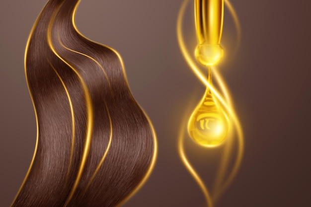 Oil for restoring hair health human hair and a drop of oil\
closeup the concept of hair care hairdressing spa 3d illustration\
3d render