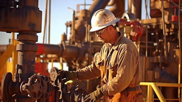 Foto una piattaforma petrolifera ispezionata da un operaio addetto alla manutenzione dei martinetti della pompa dell'olio generare ai