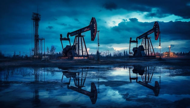 An oil rig is reflected in a puddle at night.