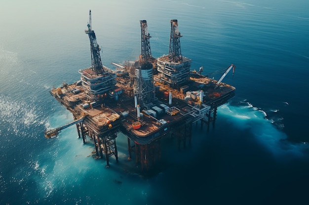 Нефтяная вышка в океане с нефтяной вышкой на заднем плане.