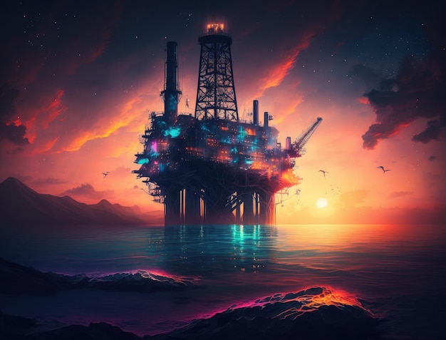 Oil rig platform in open sea on beautiful sunset oil production platform for extract petroleum