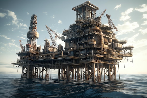 An oil rig with towering derricks and pipes