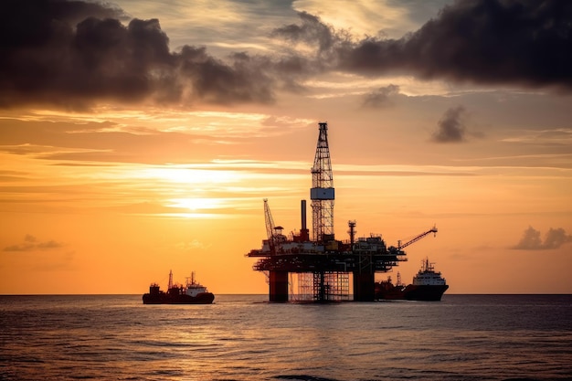 Oil rig with view of the sunset in tropical paradise