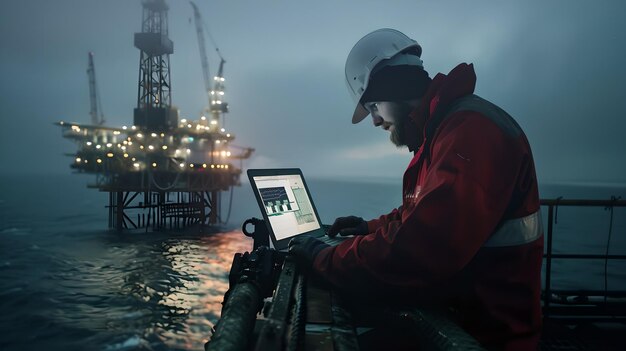 Рабочий на нефтяной буровой проверяет работу на ноутбуке в сумерках Промышленная морская сцена захватывает современные технологии энергетического сектора, встречающиеся с ручным трудом ИИ