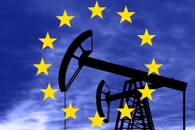 oil rigs against of the flag of the European Unionoil production in Russia and sanctions