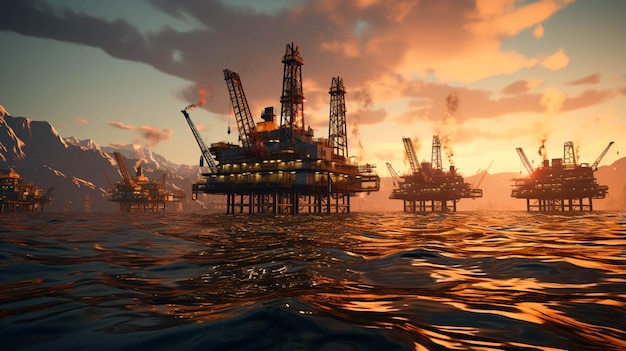 oil rigs at sea with sunrise