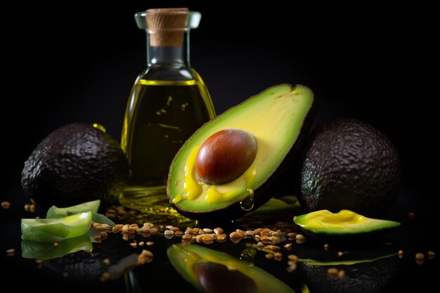 Photo oil and ripe fresh avocado on black stone background