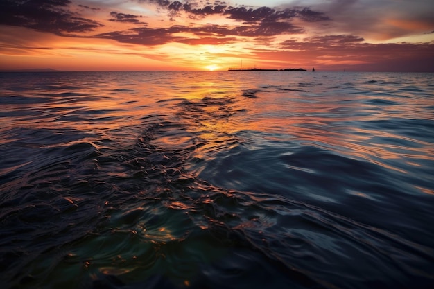 生成 AI で作成された海面の油膜と夕日の遠景