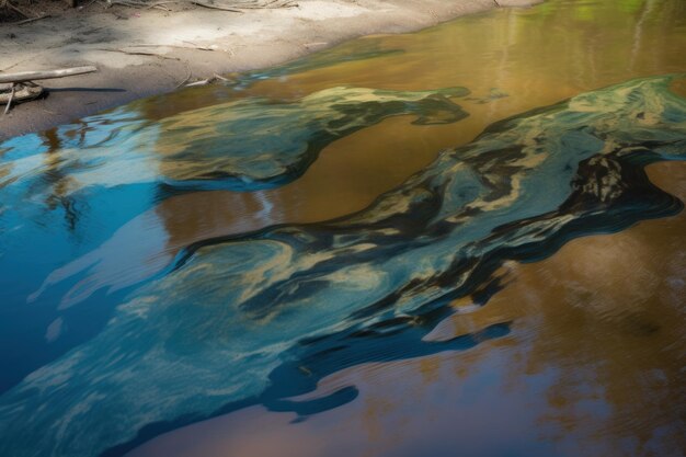 Oil slick on river water of river or lake generative ai