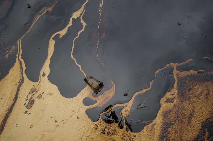 Фотография нефтяной шлам, загрязняющий море во время катастрофического разлива нефти на острове самет, районг, таиланд.