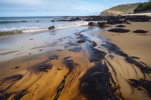 生成 AI で作成された、汚染を洗い流すために潮が満ちてくる海岸での石油流出