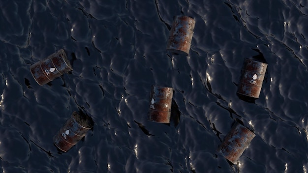 Разлив нефти Концепция нефти Пустые бочки с нефтью на поверхности нефтяного моря Промышленное химическое загрязнение Черная вода