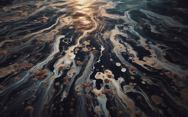 Foto macchie di petrolio in mare versioni di petrolio sulle spiagge e sui corsi d'acqua