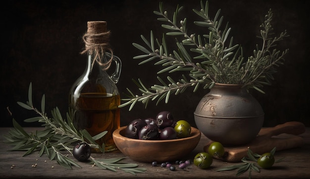 Oil on a table with olives and berries