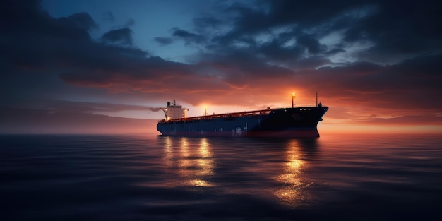 Oil tanker docked in an offshore dock at night