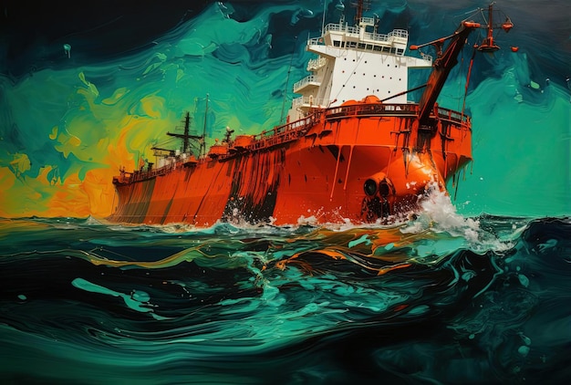 a oil tanker is floating in the ocean with colorful water in the style of apocalypse art