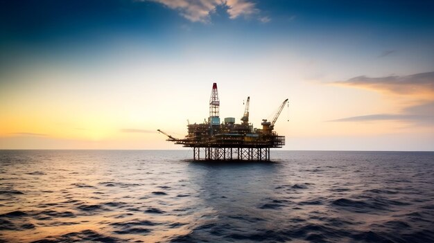 Нефтяной танкер посреди моря при заходе солнца