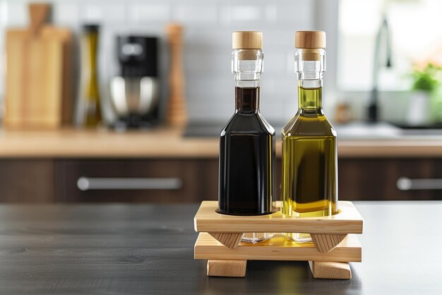 Foto bottiglie di olio e aceto su uno stand di legno sullo sfondo della cucina