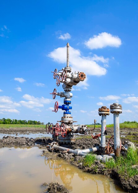 Photo oil well after repair in mud and puddles