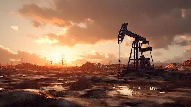 Foto un pozzo di petrolio in un paesaggio arido con il sole che tramonta