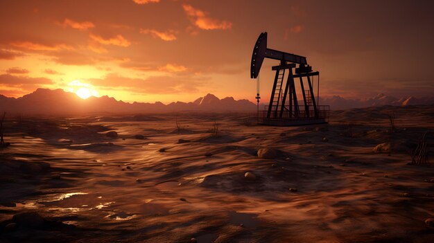 Photo an oil well in a barren landscape with a setting sun