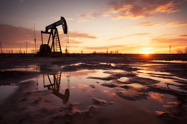 Foto un pozzo di petrolio in un paesaggio arido con il sole che tramonta