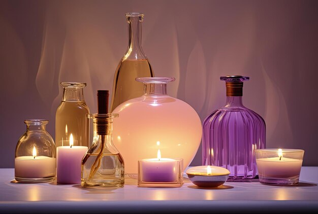 an oil with oils bottles and candles in the style of light beige and violet