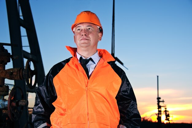 Foto operaio petrolifero in uniforme arancione e casco sullo sfondo delle valvole, delle tubazioni e del cielo al tramonto.