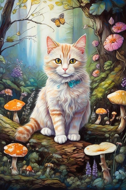 oilpainting_a_cute_cat_in_a_beautiful_forest HD 8K wallpaper Stock Fotografie Beeld