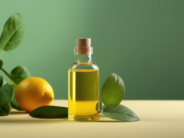 In oils bottle with lemon leaf leaves on green surface