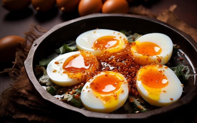 Premium AI Image | Oily Salted Eggs Chinese Food Closeup Generative By Ai