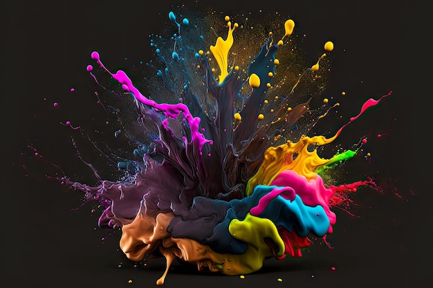 Oily splash stains on black background explosion of colorful paint