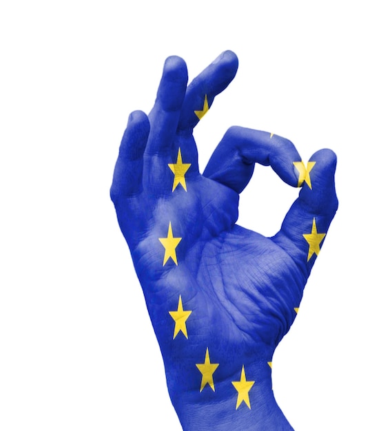 Foto segno giusto fatto da mano maschile con bandiera dell'ue