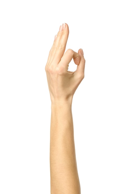 Ok teken. Vrouw hand met Franse manicure gebaren geïsoleerd op een witte achtergrond. Onderdeel van series