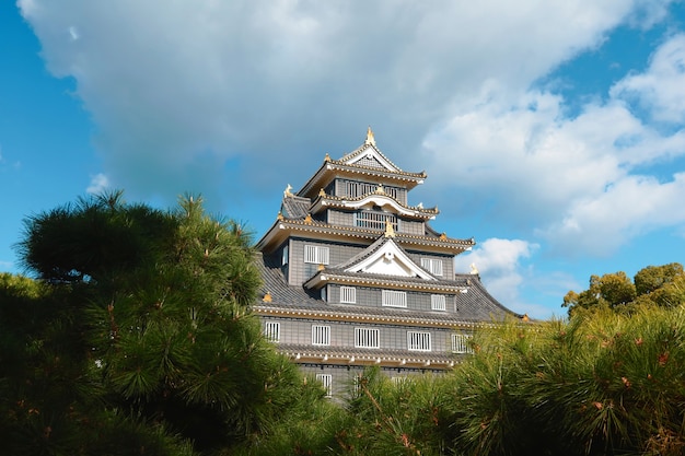 Foto castello di okayama con bellissimo sfondo nuvola