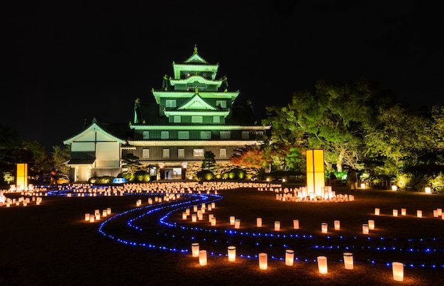 Castello di okayama con lanterne illuminate di notte a okayama, in giappone