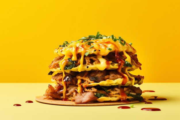 Okonomiyaki tasty fast food street food for take away on yellow background