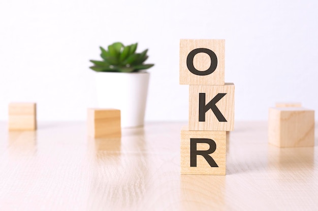 OKR-doelstellingen en belangrijkste resultaten houten kubussen en bloem in een pot op de achtergrond