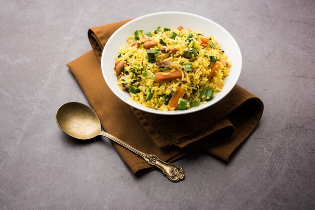 Okra or Bhindi rice also known as Vendakkai Sadam, served in a bowl, selective focus